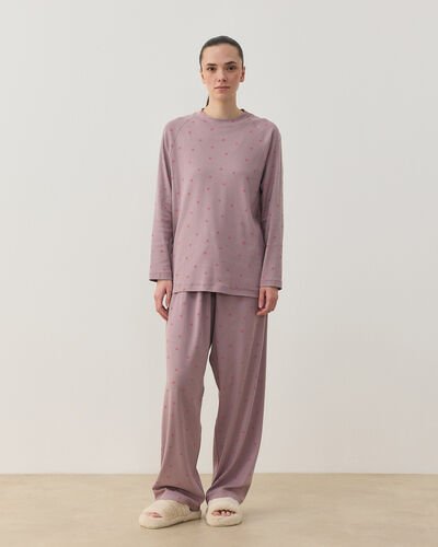 Desenli Fitilli Penye Relax Pijama Takımı Mürdüm Çiçekli 