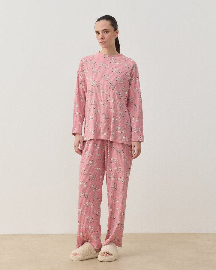 Desenli Fitilli Penye Relax Pijama Takımı Pembe Çiçekli