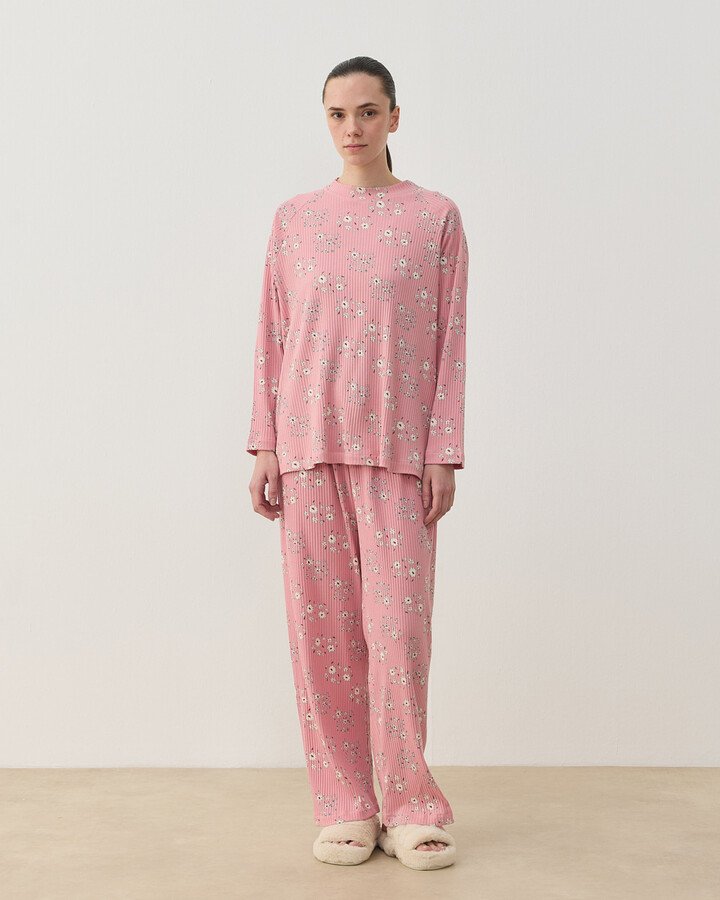 Desenli Fitilli Penye Relax Pijama Takımı Pembe Çiçekli