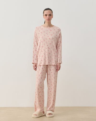 Desenli Fitilli Penye Relax Pijama Takımı Pudra Çiçekli 