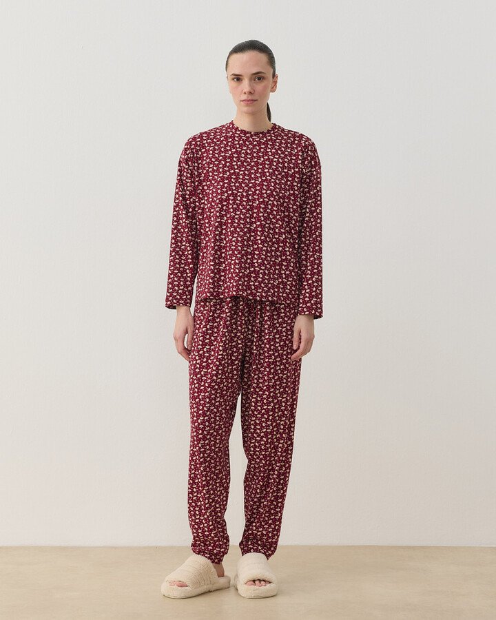 Desenli Penye Jogger Pijama Takımı Bordo Çiçekli