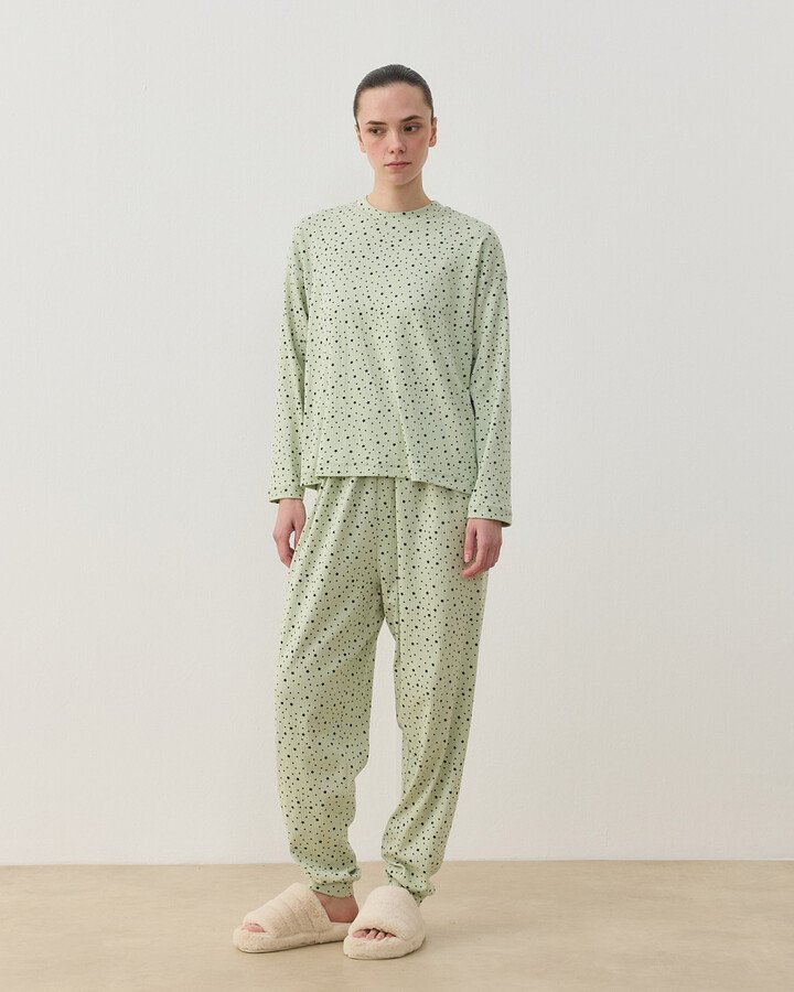 Desenli Penye Jogger Pijama Takımı Mint Yıldızlı