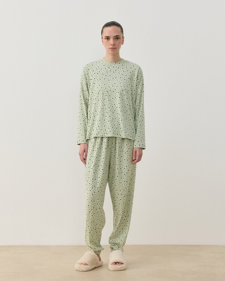 Desenli Penye Jogger Pijama Takımı Mint Yıldızlı