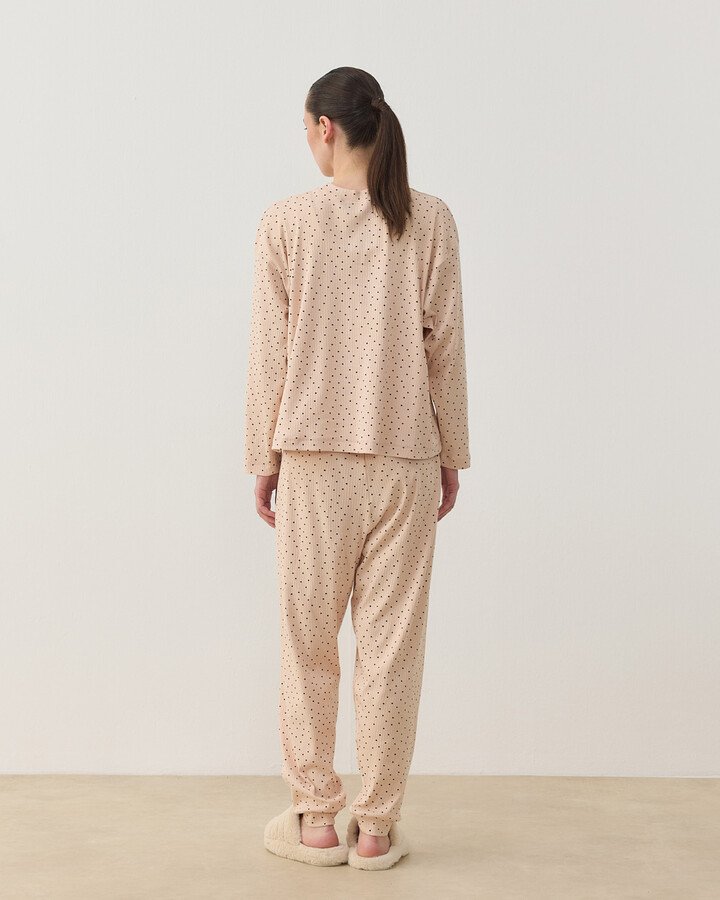 Desenli Penye Jogger Pijama Takımı Pudra Puantiyeli
