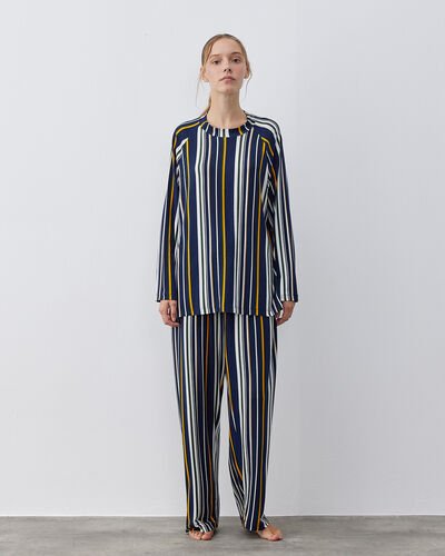 Desenli Penye Relax Pijama Takımı Lacivert Çizgili 