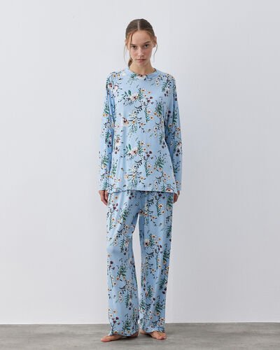 Desenli Penye Relax Pijama Takımı Mavi Çiçekli 