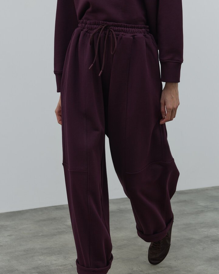 Diagonal Üç İplik Balon Fit Kesikli Eşofman Altı Mürdüm - Aybikestil (1)