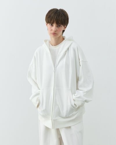 Diagonal Üç İplik Fermuarlı Kapüşonlu Sweatshirt Ekru 