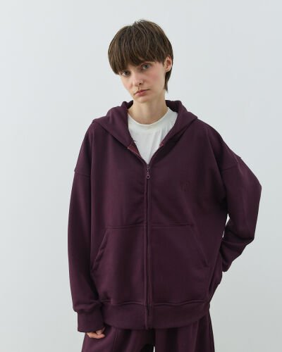 Diagonal Üç İplik Fermuarlı Kapüşonlu Sweatshirt Mürdüm 
