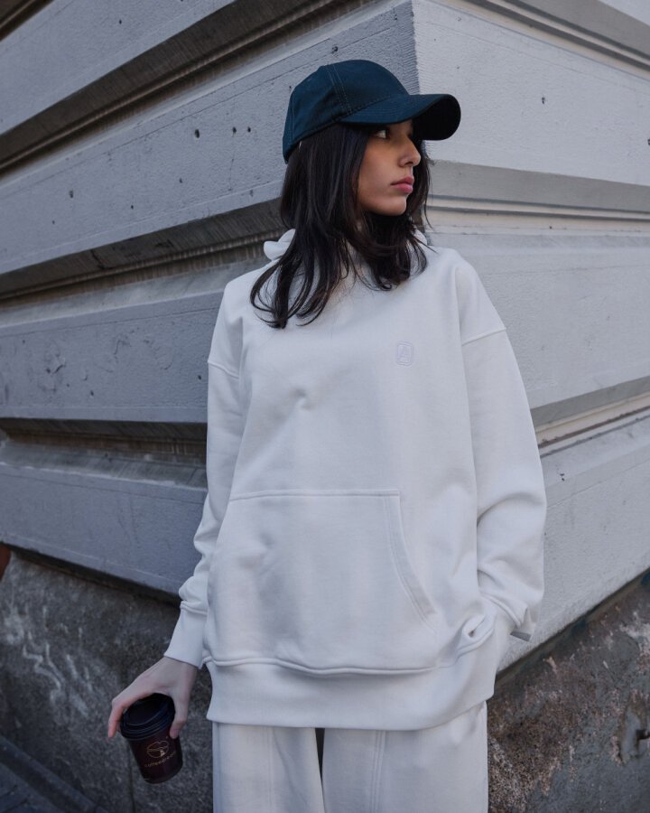 Edition Diagonal Üç İplik Kapüşonlu Hoodie Sweatshirt Ekru - Aybikestil