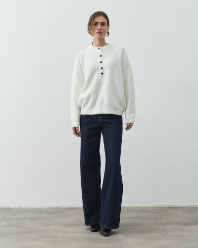 Düğmeli Yaka Kazak Krem - Aybikestil (1)