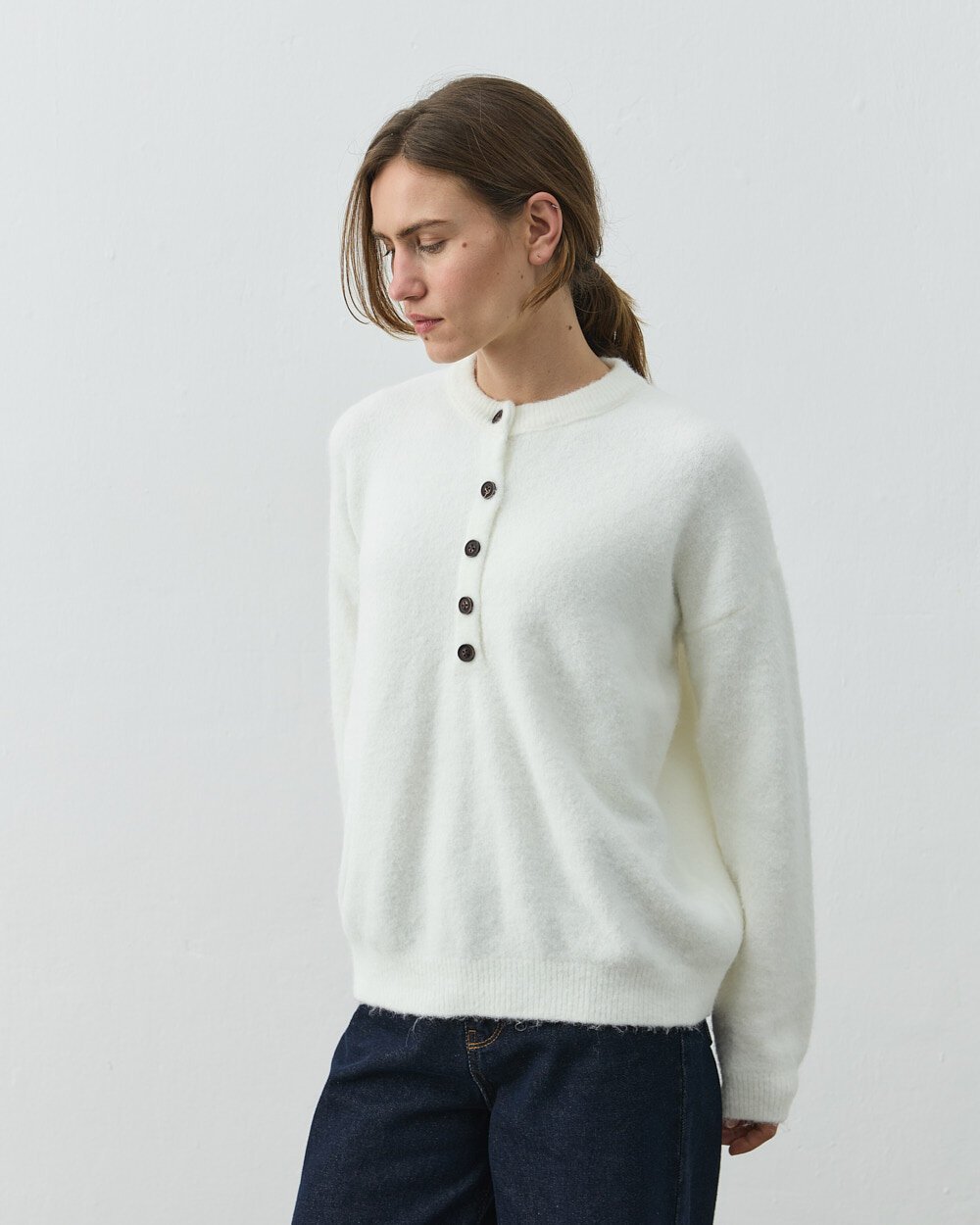 Düğmeli Yaka Kazak Krem - Aybikestil