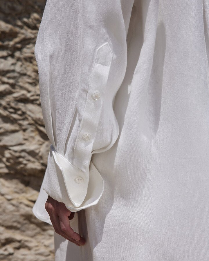 %100 Keten Oversize Manşetli Gömlek Ekru