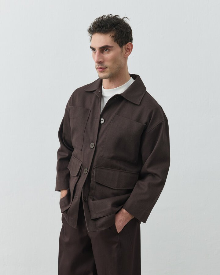 Erkek Denim Çok Cepli Düğmeli Ceket Kahve - Aybikestil (1)