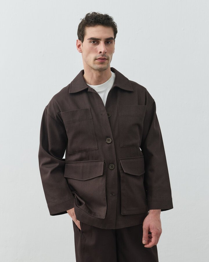 Erkek Denim Çok Cepli Düğmeli Ceket Kahve