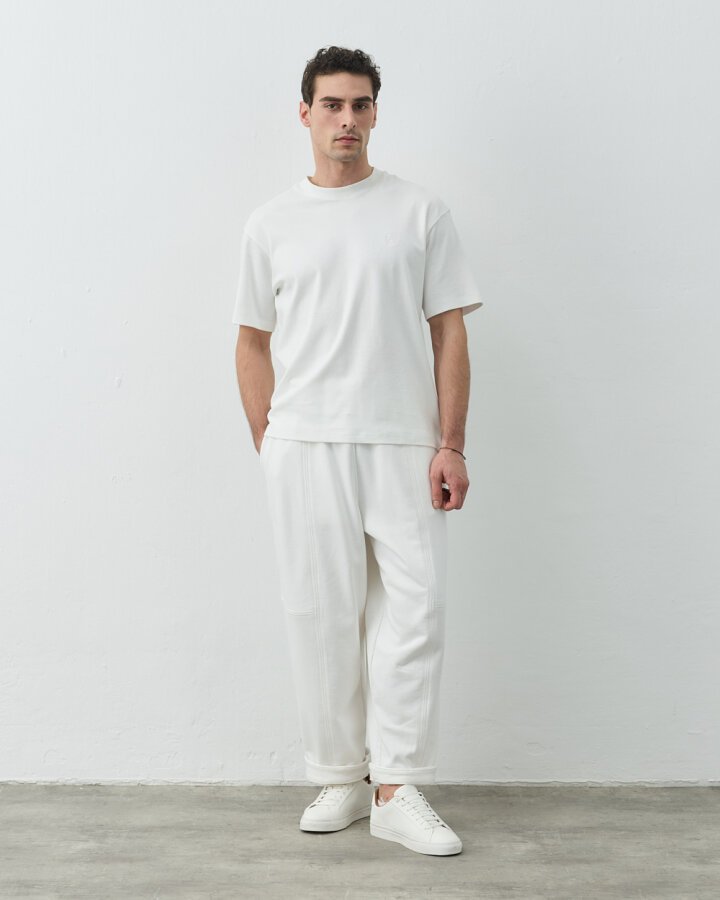 Erkek Diagonal Üç İplik Balon Fit Kesikli Eşofman Altı Ekru - Aybikestil (1)