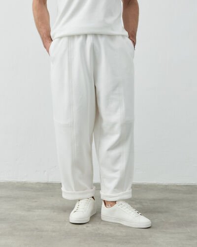 Erkek Diagonal Üç İplik Balon Fit Kesikli Eşofman Altı Ekru 