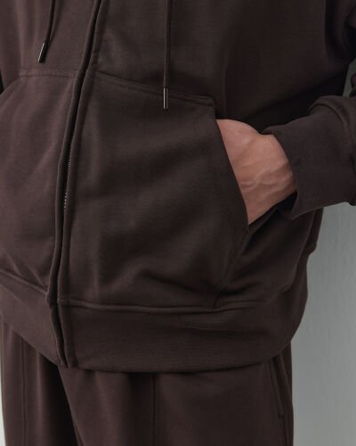 Erkek Diagonal Üç İplik Fermuarlı Kapüşonlu Sweatshirt Acı Kahve - Aybikestil (1)