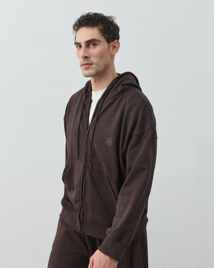 Erkek Edition Diagonal Üç İplik Fermuarlı Kapüşonlu Sweatshirt Acı Kahve - Aybikestil (1)