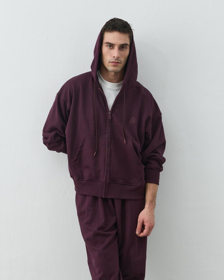 Erkek Edition Diagonal Üç İplik Fermuarlı Kapüşonlu Sweatshirt Mürdüm - Aybikestil (1)