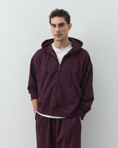 Erkek Diagonal Üç İplik Fermuarlı Kapüşonlu Sweatshirt Mürdüm 