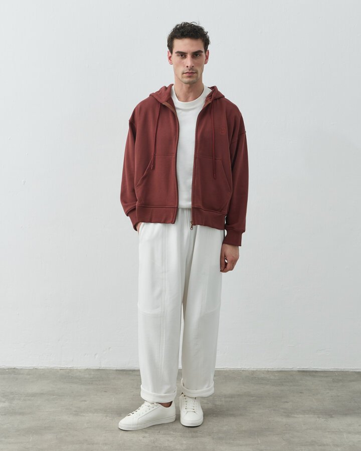 Erkek Diagonal Üç İplik Fermuarlı Kapüşonlu Sweatshirt Terra Cotta - Aybikestil (1)