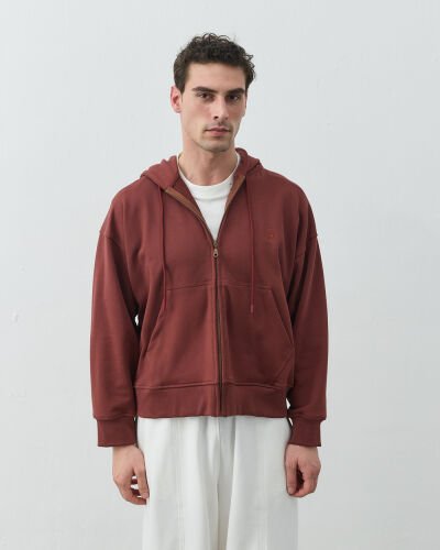 Erkek Diagonal Üç İplik Fermuarlı Kapüşonlu Sweatshirt Terra Cotta 
