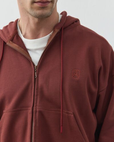 Erkek Diagonal Üç İplik Fermuarlı Kapüşonlu Sweatshirt Terra Cotta - Aybikestil (1)