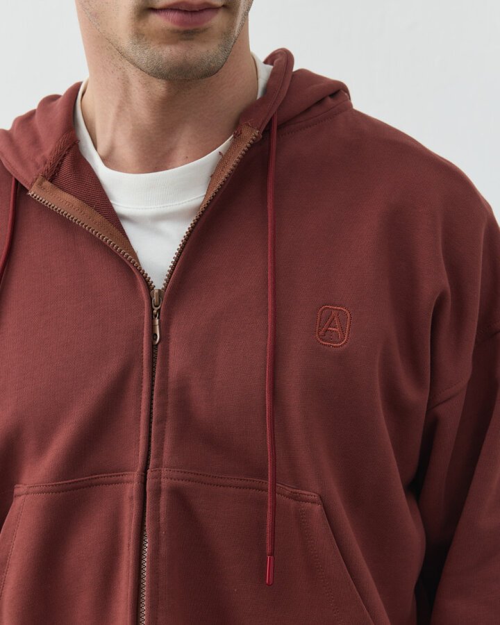 Erkek Diagonal Üç İplik Fermuarlı Kapüşonlu Sweatshirt Terra Cotta - Aybikestil (1)