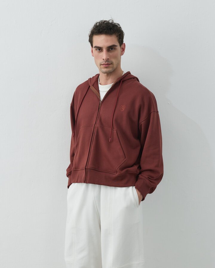 Erkek Diagonal Üç İplik Fermuarlı Kapüşonlu Sweatshirt Terra Cotta - Aybikestil (1)