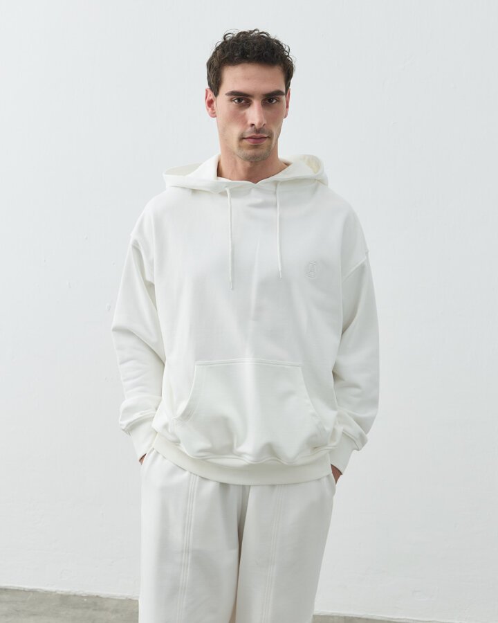 Erkek Diagonal Üç İplik Kapüşonlu Hoodie Sweatshirt Ekru - Aybikestil (1)