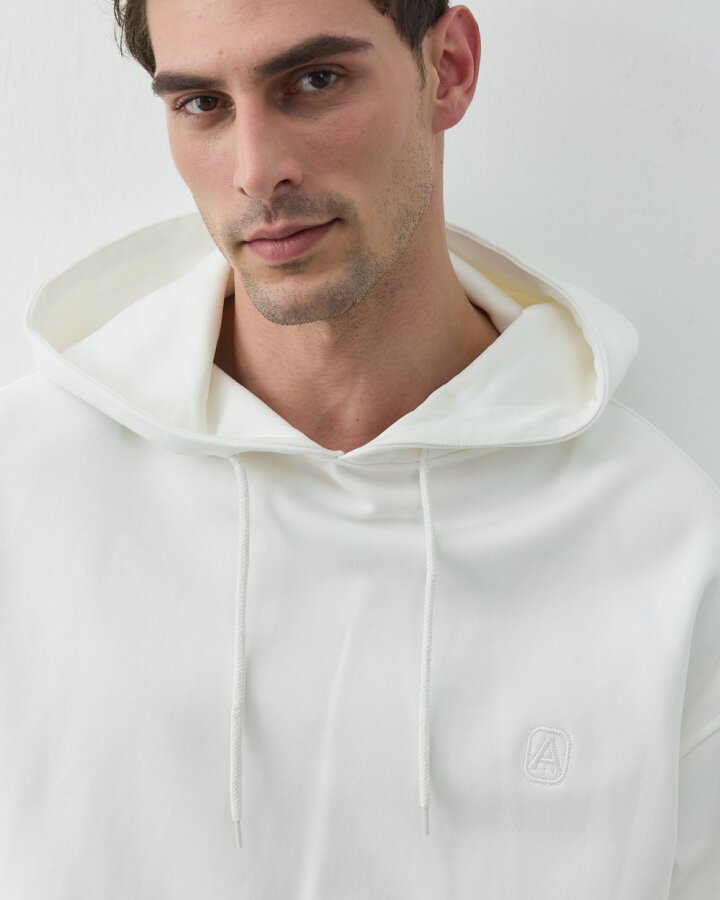 Erkek Diagonal Üç İplik Kapüşonlu Hoodie Sweatshirt Ekru - Aybikestil (1)