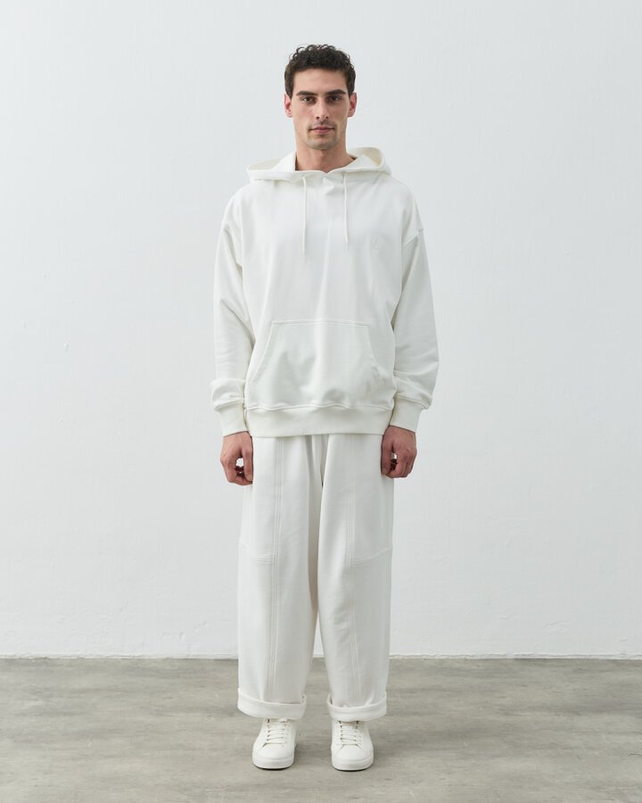 Erkek Diagonal Üç İplik Kapüşonlu Hoodie Sweatshirt Ekru - Aybikestil (1)