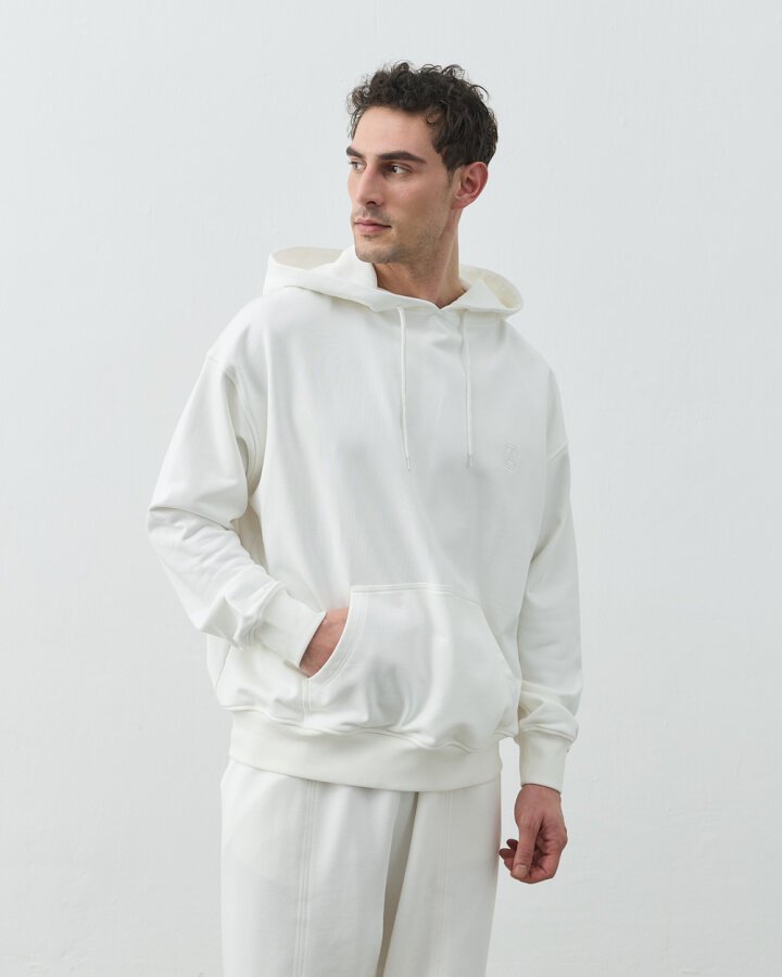 Erkek Diagonal Üç İplik Kapüşonlu Hoodie Sweatshirt Ekru - Aybikestil