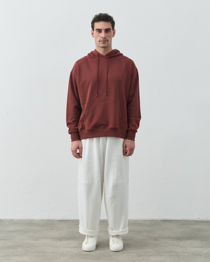 Erkek Diagonal Üç İplik Kapüşonlu Hoodie Sweatshirt Terra Cotta - Aybikestil (1)