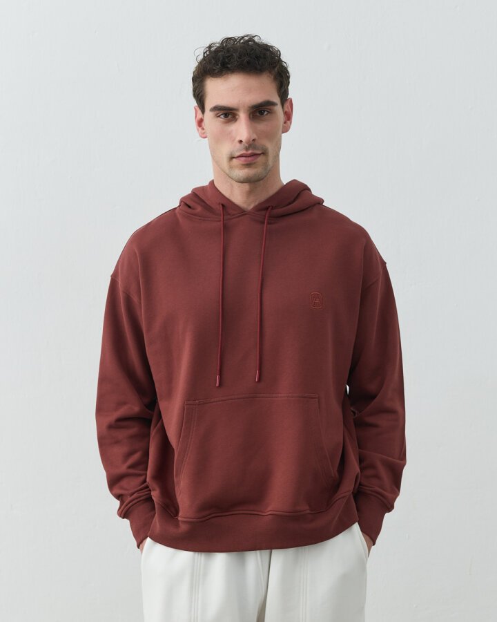Erkek Diagonal Üç İplik Kapüşonlu Hoodie Sweatshirt Terra Cotta - Aybikestil