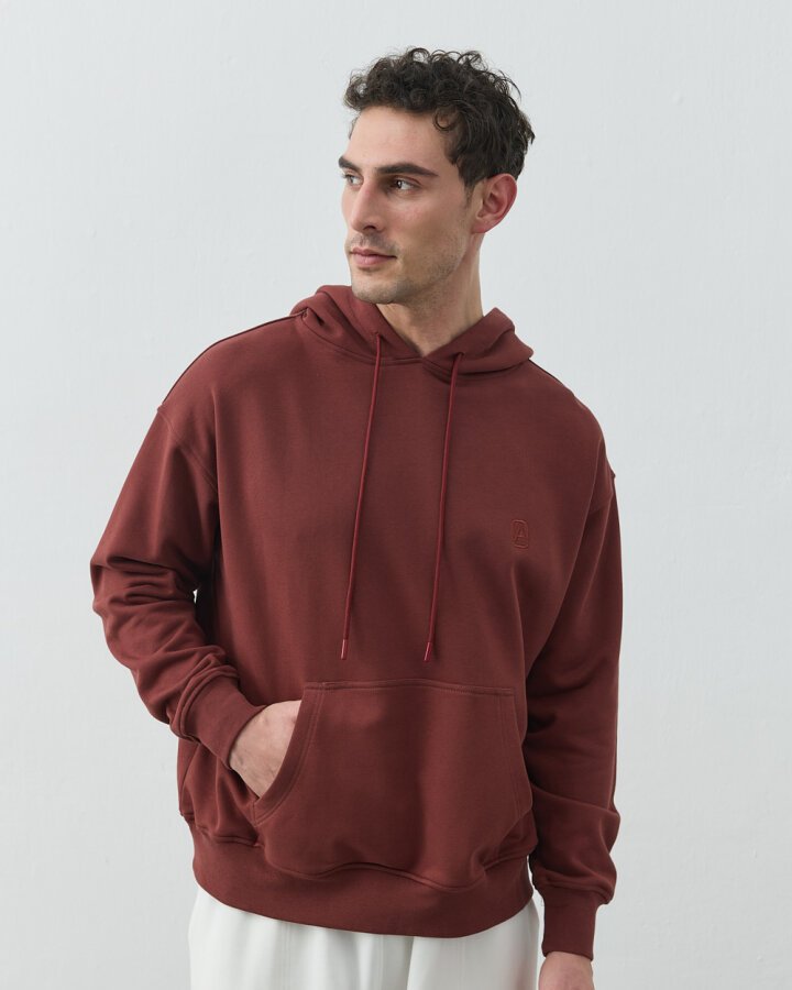 Erkek Diagonal Üç İplik Kapüşonlu Hoodie Sweatshirt Terra Cotta - Aybikestil (1)