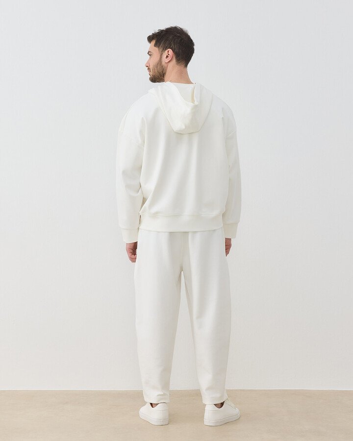 Erkek Premium Doubleface Fermuarlı Kapüşonlu Sweatshirt Ekru