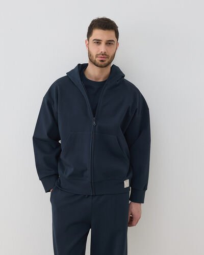 Erkek Premium Doubleface Fermuarlı Kapüşonlu Sweatshirt Lacivert 
