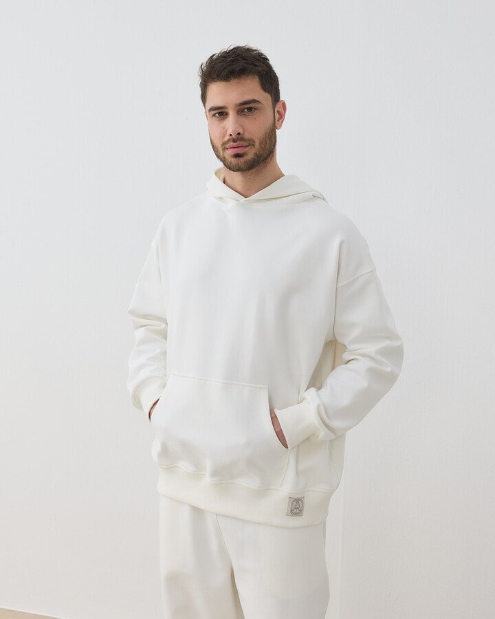 Erkek Premium Doubleface Kapüşonlu Hoodie Sweatshirt Ekru