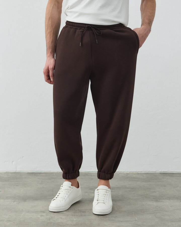 Erkek Şardonlu Üç İplik Paçası Lastikli Jogger Eşofman Altı Acı Kahve - Aybikestil