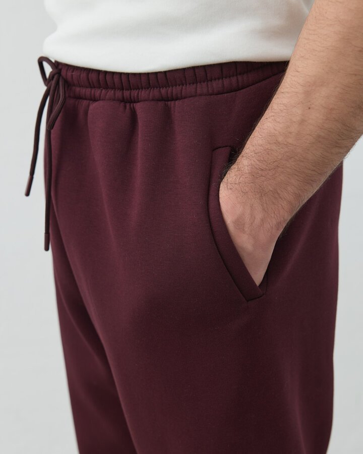 Erkek Şardonlu Üç İplik Paçası Lastikli Jogger Eşofman Altı Bordo - Aybikestil (1)