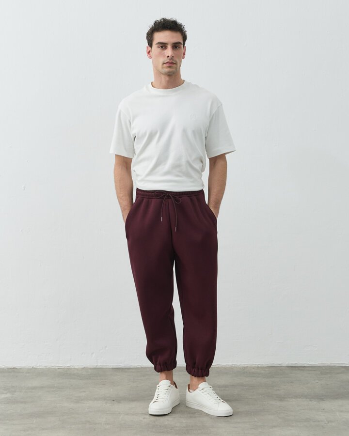Erkek Şardonlu Üç İplik Paçası Lastikli Jogger Eşofman Altı Bordo - Aybikestil (1)