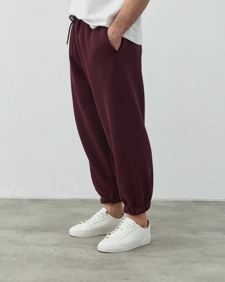 Erkek Şardonlu Üç İplik Paçası Lastikli Jogger Eşofman Altı Bordo - Aybikestil (1)