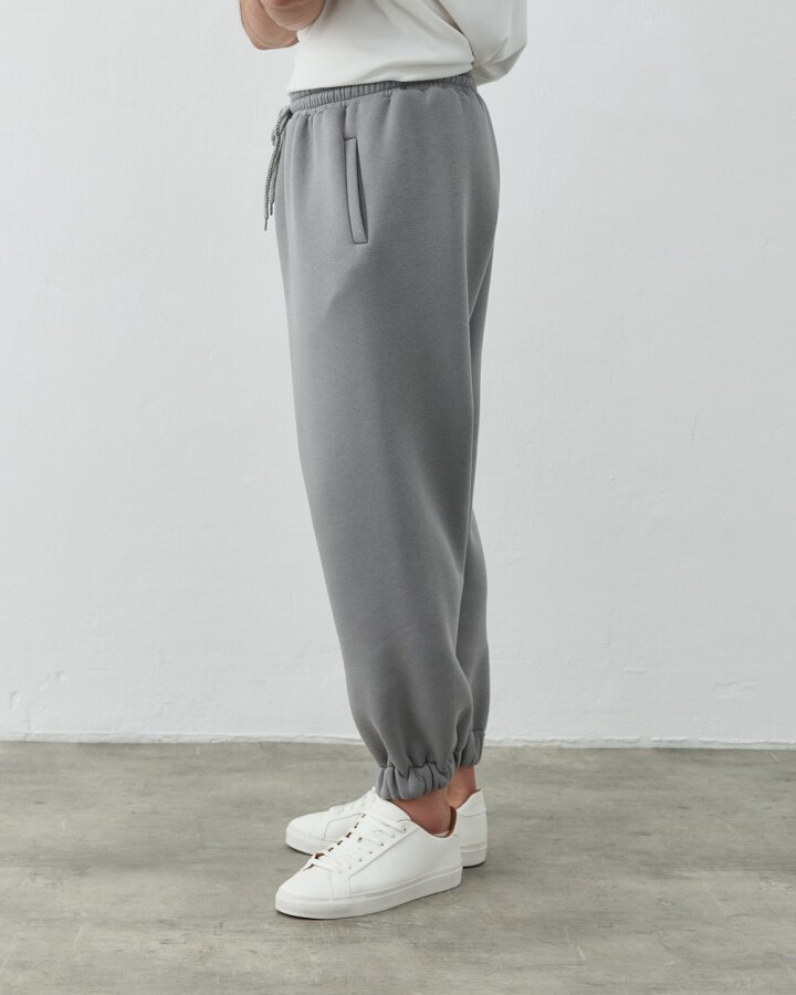 Erkek Şardonlu Üç İplik Paçası Lastikli Jogger Eşofman Altı Gri - Aybikestil (1)