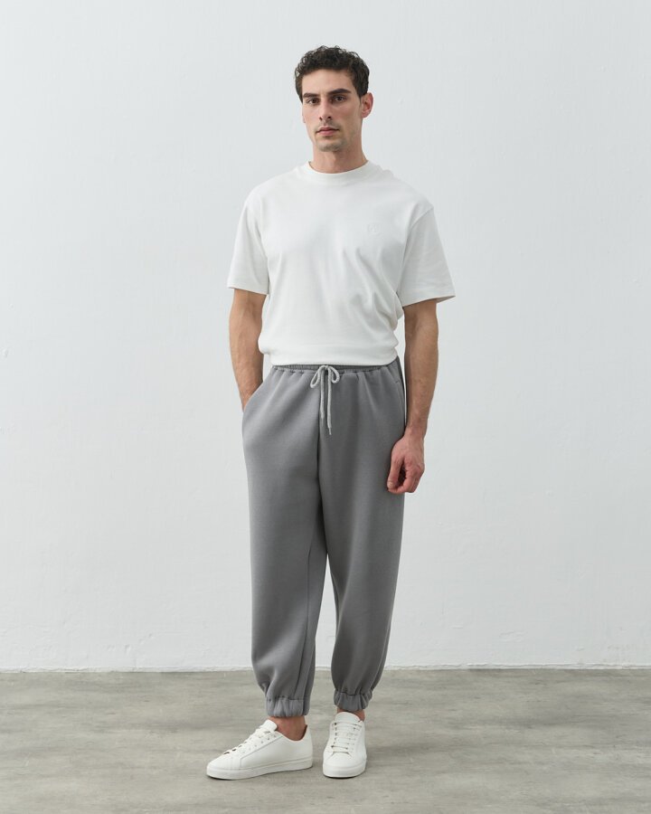 Erkek Şardonlu Üç İplik Paçası Lastikli Jogger Eşofman Altı Gri - Aybikestil (1)