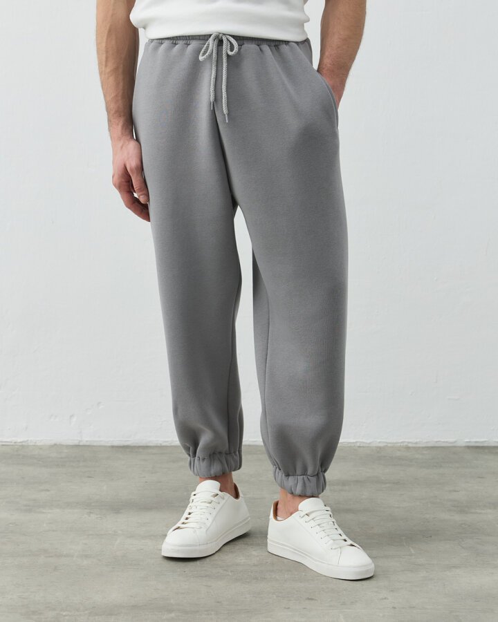 Erkek Şardonlu Üç İplik Paçası Lastikli Jogger Eşofman Altı Gri - Aybikestil