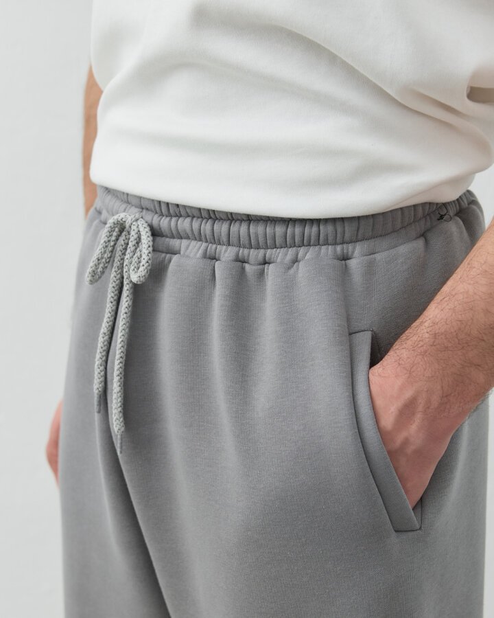 Erkek Şardonlu Üç İplik Paçası Lastikli Jogger Eşofman Altı Gri - Aybikestil (1)