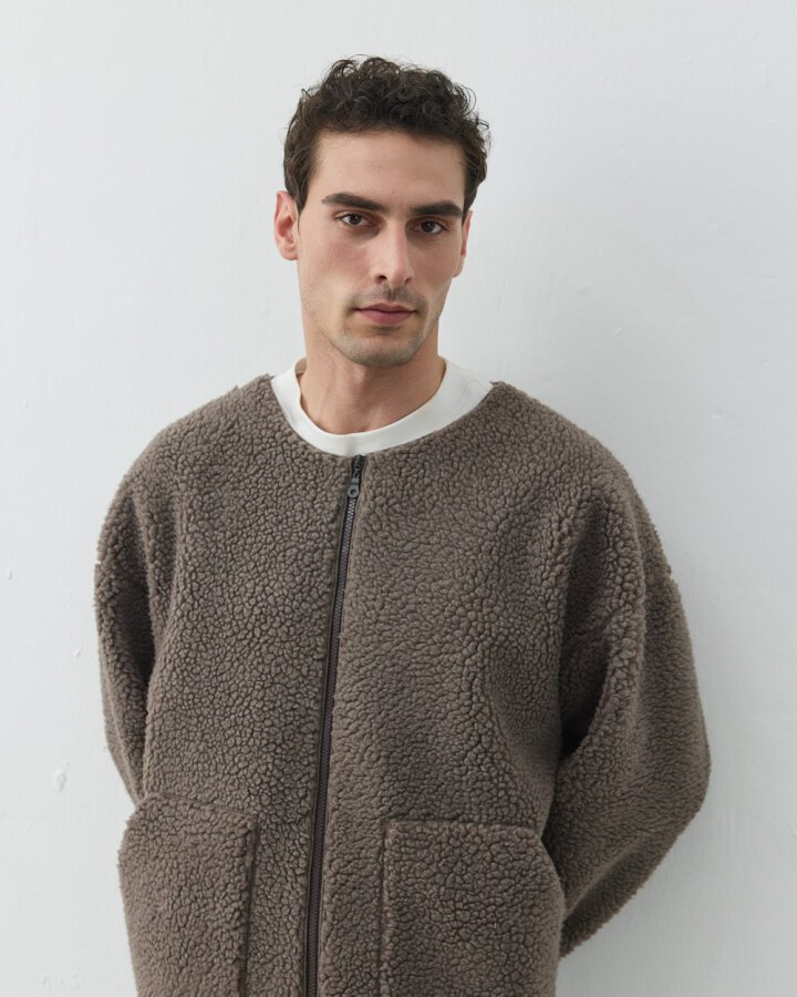 Erkek Teddy Fermuarlı Cepli Ceket Vizon - Aybikestil (1)