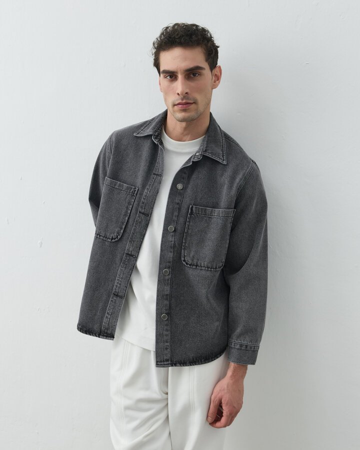 Erkek Unisex Çift Cepli Jean Ceket Gri - Aybikestil (1)